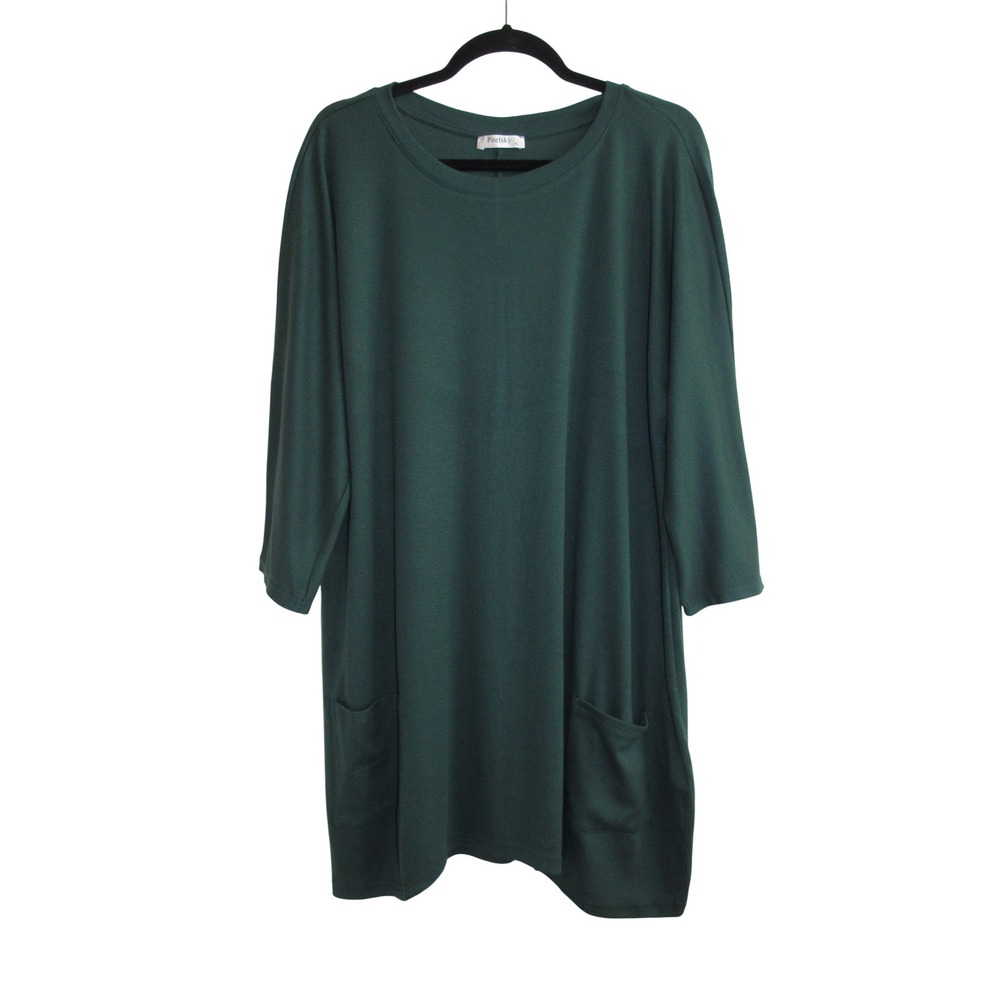 Poetsky Women's XL Dk Green Tunic Dress 3/4 Sleeve Pockets Jersey Knit Lagenlook